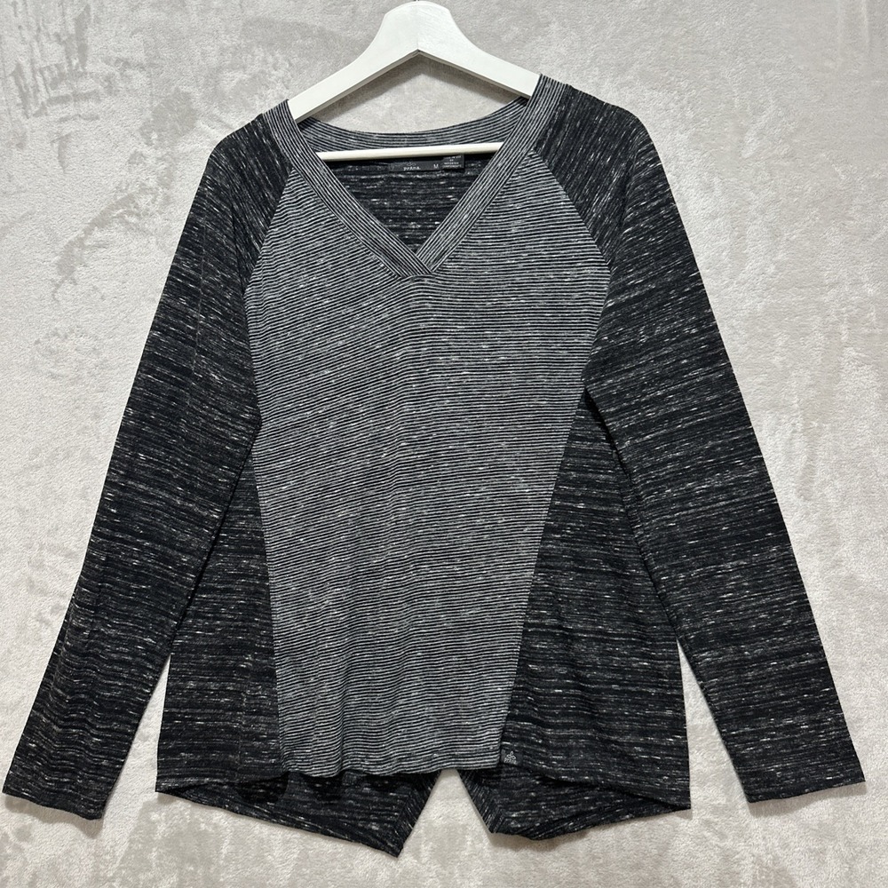 PrAna V-Neck Long Sleeve Crossover Open Wrap Women's M Black Gray Striped Top